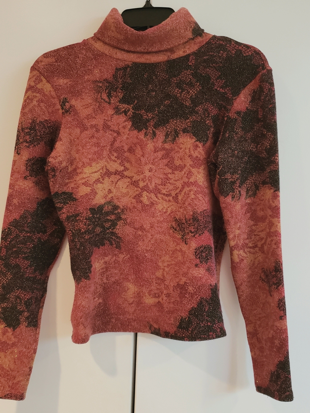 Cache Rust Pink Black Floral Turtleneck Sweater